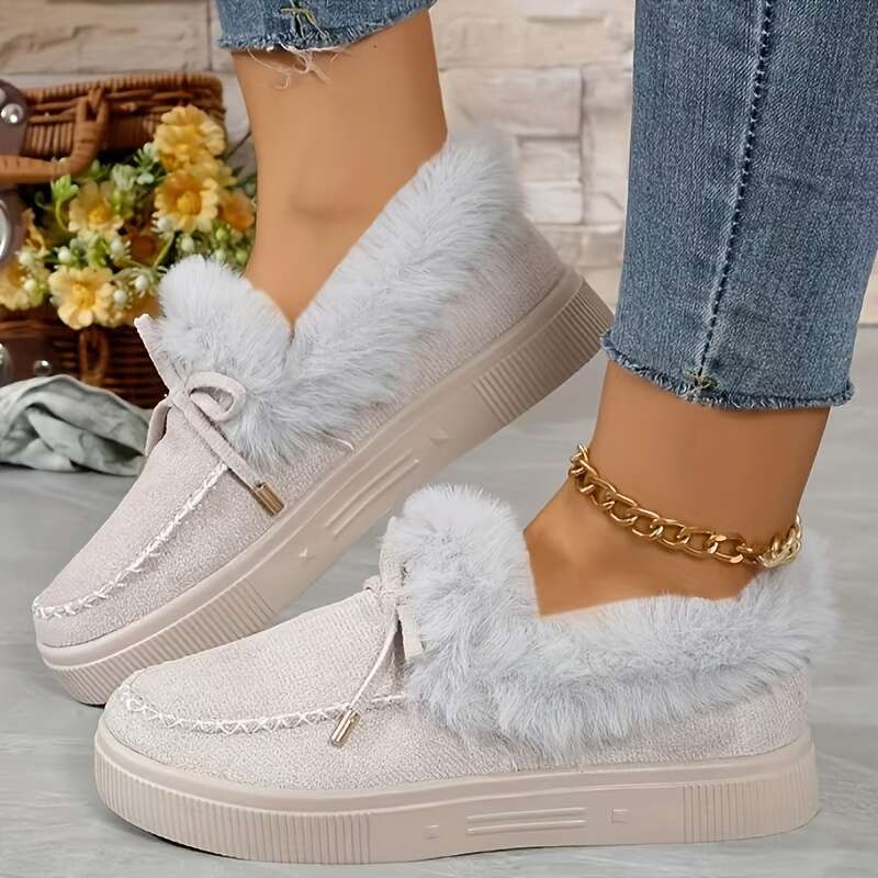 Women's Winter Bell-Bottom Slouchy - Cozy Round Toe Mid-Heel With Plush Faux Fur Trim, Soft Faux Cover-Like Synthetic Upper, Hand Washable Casual