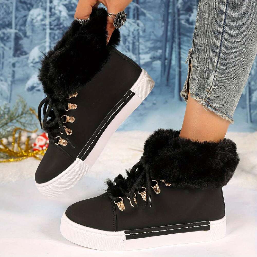 Women's Chunky PU Cover Upper With Faux Fur Thick Heel, Lace-Up Round Toe Ankle/Calf/Cuff Black, Pink, White, Brown, Grey, - TPR Sole Cold Weathe