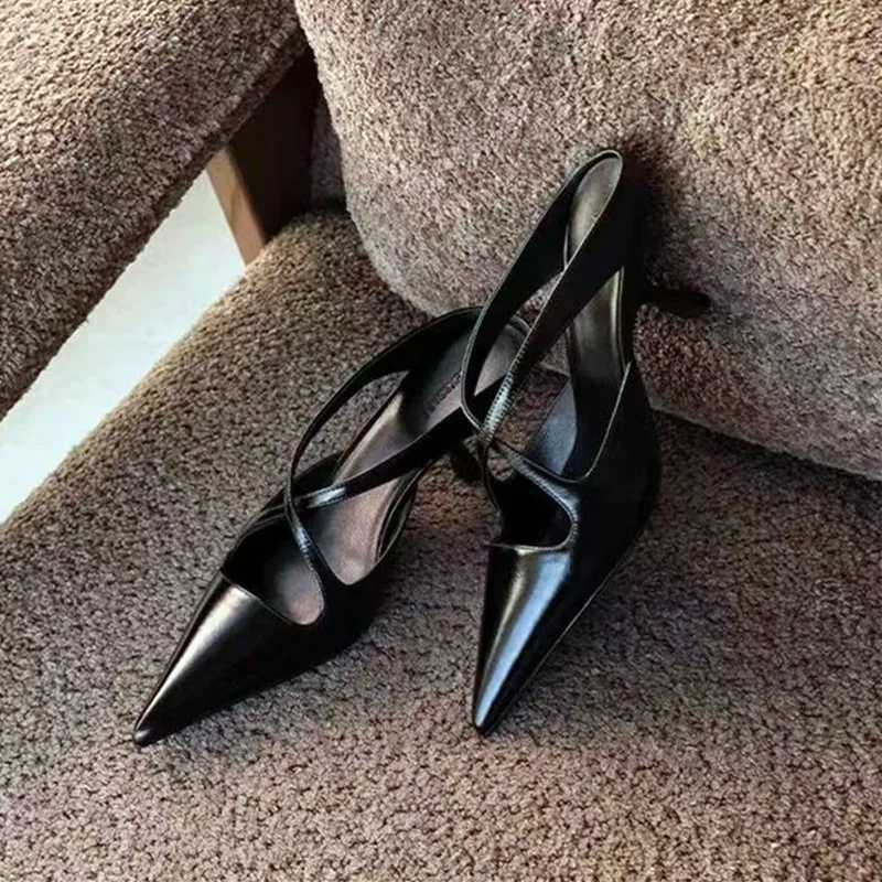 Elegant Leather Muels Sandals Women Sexy Pointy Toe Cross Strap Design Slide Sandals Luxury Party Dress Heels Sandalias De Mujer Z251015
