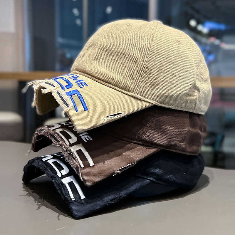 New Style Broken Brim Embroidered Distressed Baseball Cap Unisex Wang Anyu Same Style Washed Vintage Frayed Duckbill Cap W251017
