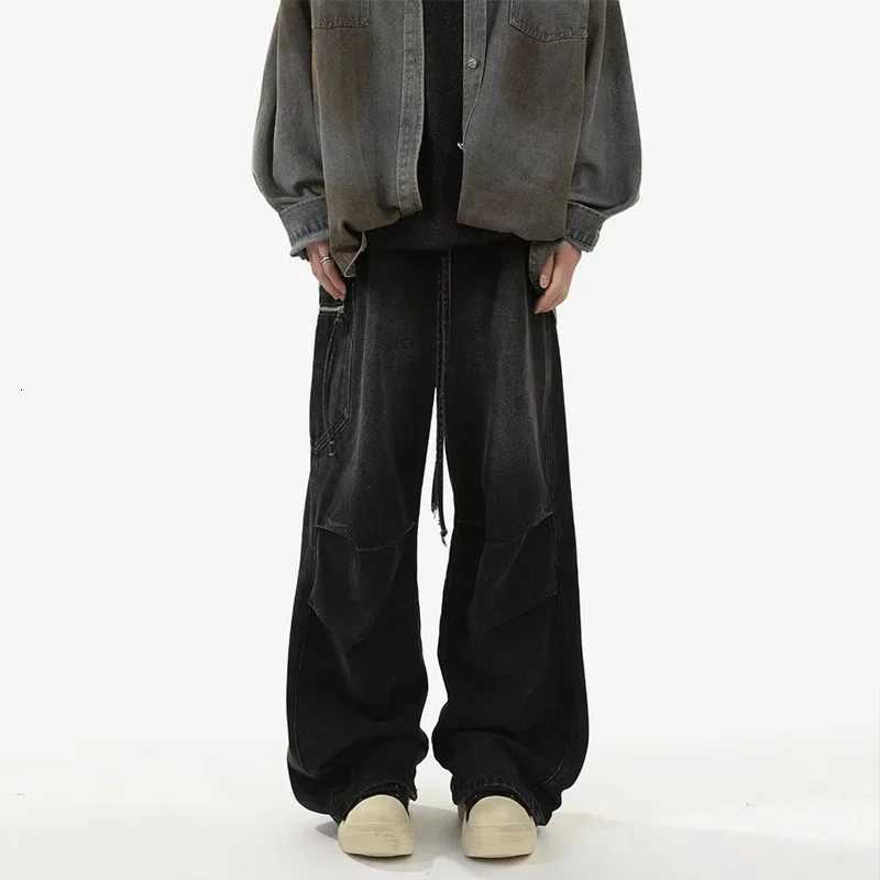 1 Washed Vintage Wide Leg Mens Jeans High Street Loose Straight Casual FloorLength Trousers Y251105