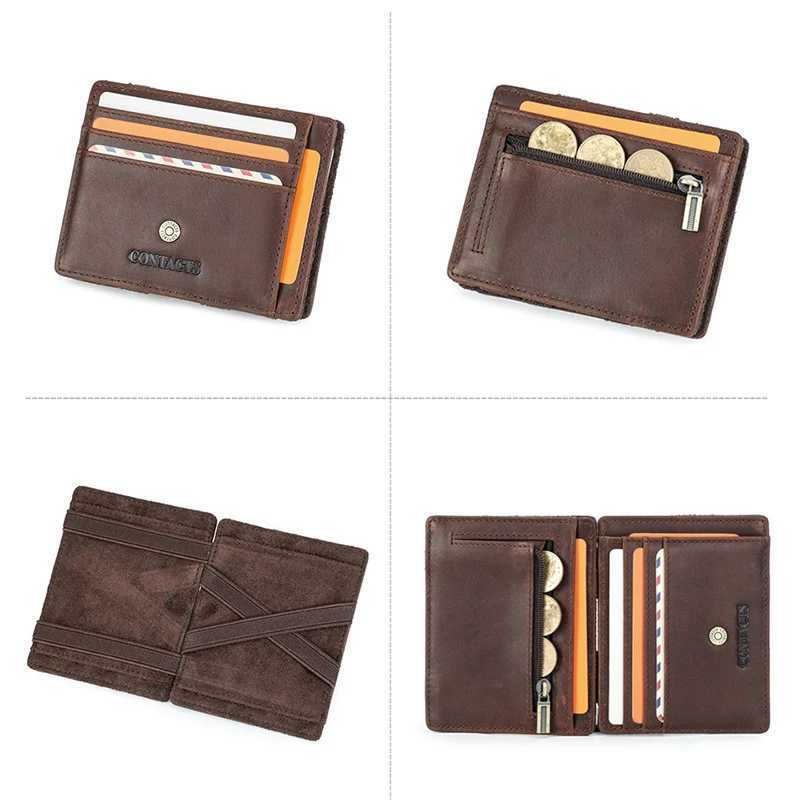 CONTACTS Genuine Leather Card Holder Magic Wallet Slim Bifold RFID Male Small Wallets Zipper Coin Pocket Mini Purse Money ClipW251017
