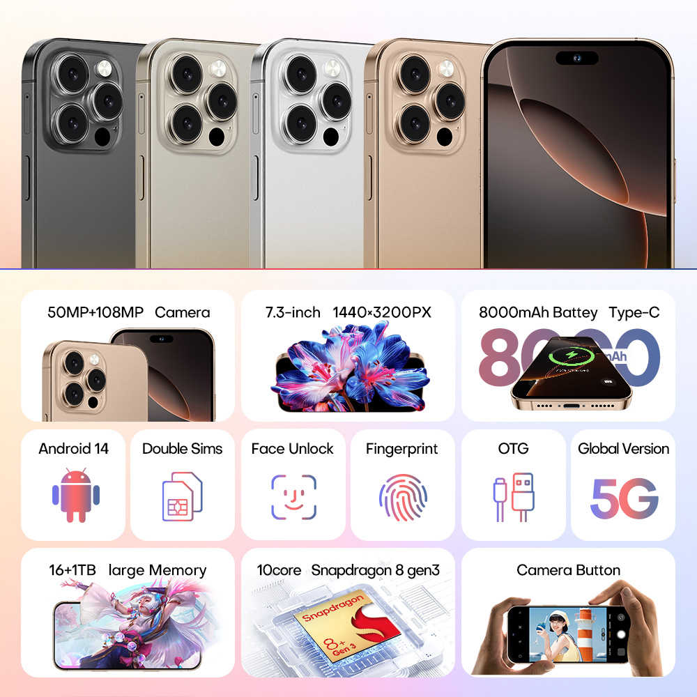 New i16 Pro Max Global Version Original Smartphone 5G WiFi Dual SIM Mobile Phone 7.3-inch HD 16GB+1TB 8000mAh celulares Cell Phones 12 Core Snapdragon