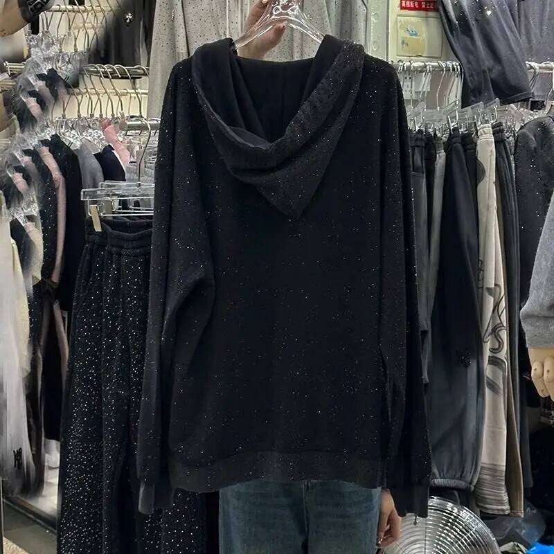 Oversized Full Star Rhinestone Dia Hooded Coat Loose Top Age-Reducing Zipper Women's Hoodie