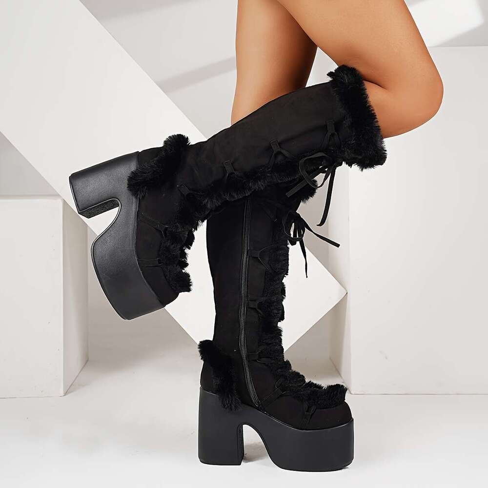 Women's Plush Faux Fur-Front High-Top Snow With Thick Platform Round Toe Gothic-Style Zipper Closure, TPR Sole Lining, Faux-Faux Fur Upper Slip-R