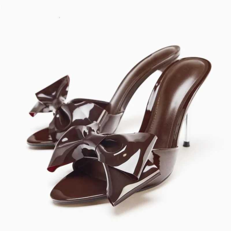 Sexy Peep Toe Thin Heeled Sandals Women Patent Leather Butterfly Knot Decoration Slippers Elegant Pointed Toe Party High Heels Z251015
