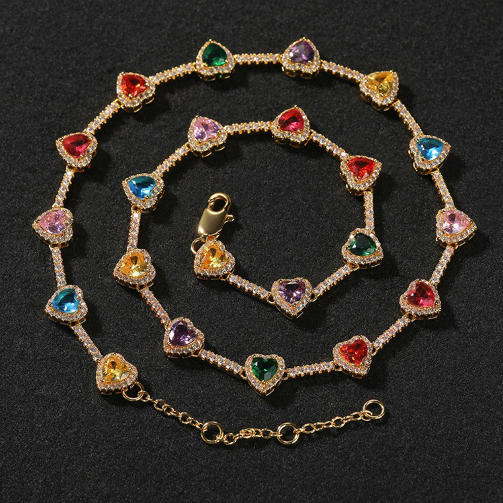 Colored 5A Zircon Love Heart Tennis Chain Necklace Bracelets 18K Gold Plated Jewelry
