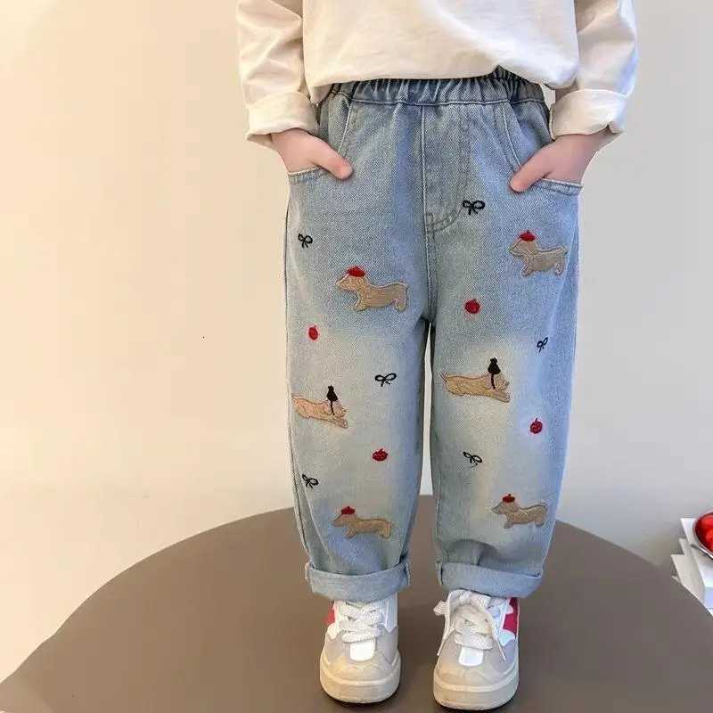Children Denim Pant Spring Autumn Korean Printed Bows Baby Girls Jeans Kids Cartoon Straight Pant 210 Y Casual TrousersT251017
