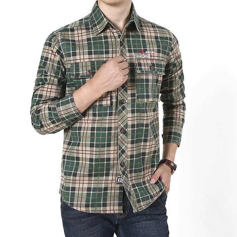 Mens Plaid 100 Cotton Military Shirts Spring Autumn Casual Long Sleeve Shirt Camisa Masculina Flannel Business Dress Shirt Men J251017
