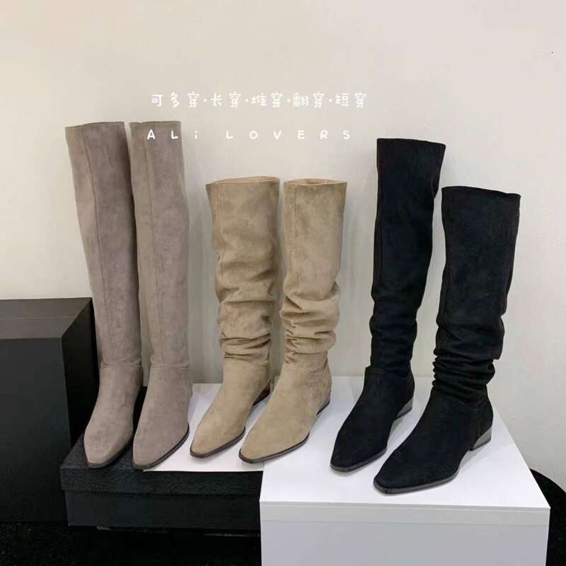 Cameido Women's French Style High - Tube Long Pointed Toe Chunky Heel Suede Pleated Stack Western Boots