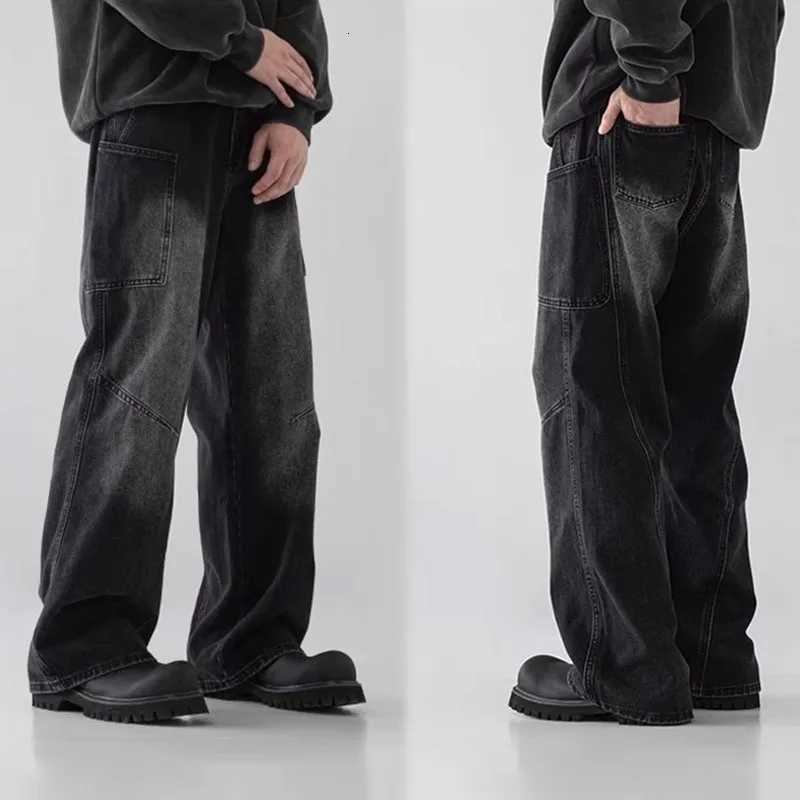 Korean Style Large Pocket Workwear Jeans Retro Blue MenS Baggy Jeans Straight Leg Pants Casual Wide Leg Pants Casual Pants Y251105