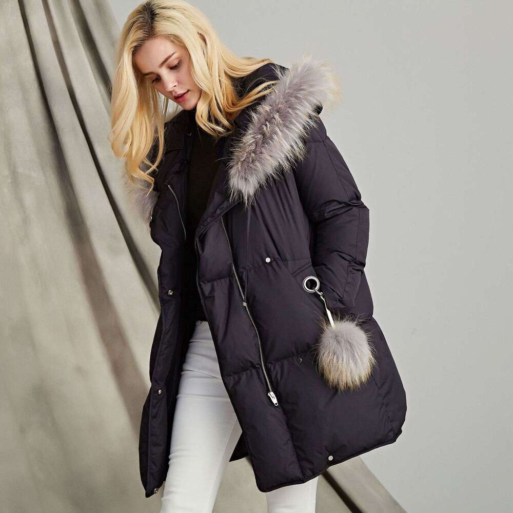 Winter New Goose Loose Style White Raccoon Fur Collar Thickened Down Jacket Women's Warmth