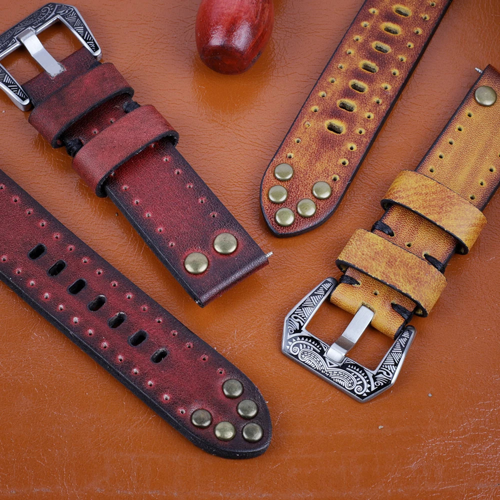 18mm 20mm 22mm 24mm Genuine Leather Watchbands Rivet Leather Watch Strap Replacement Carving Strap Vintage Watches Accessories 251016