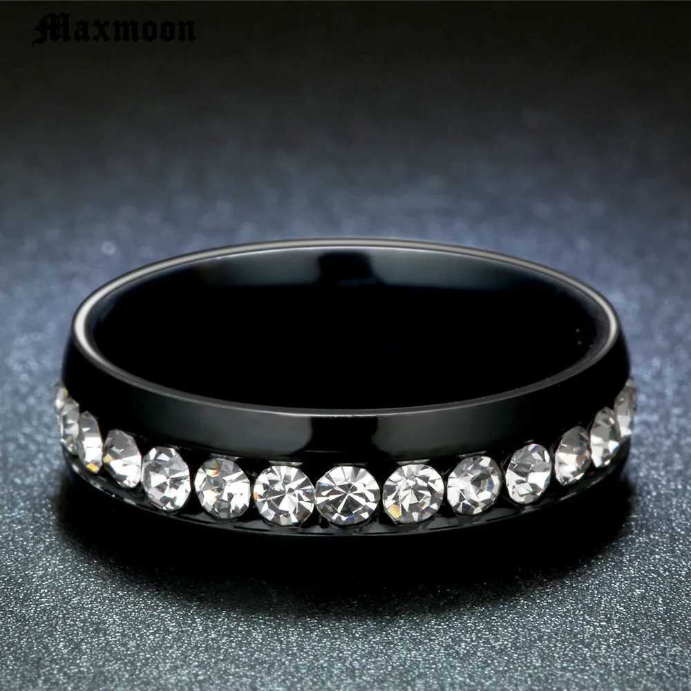 Maxmoon 6mm Oblique Zircon Carving 316L Stainless Steel finger Engagement Wedding rings for women and menW251017