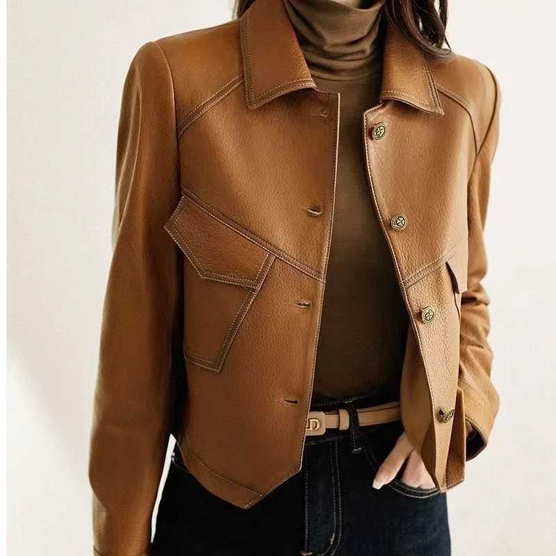 2024 Coat Womens FallWinter Explosions PU Leather Jacket New Ladies Western Style Short Denim Lapel Outwear Fashion Trend TopsT251017