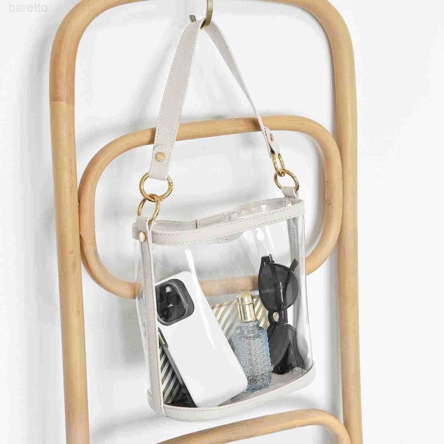 Womens Clear PVC Bucket Top Handle Crossbody Bag With Vegan Leather Trim Transparent Shoulder Handbag Z251017