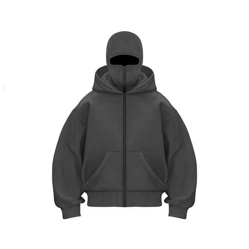Men Hip Hop Double Hat Balaclava Hoodie Windproof Zipper Face Mask Sweatshirt Streetwear Trend Autumn Fashion Hooded Jacket Coat Z251017