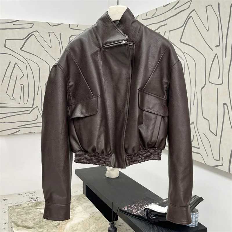 Sheepskin coat for women New asymmetrical slim fit womens jacket for autumn 2025 Artificial leather motorcycle womens coat y2kT251017