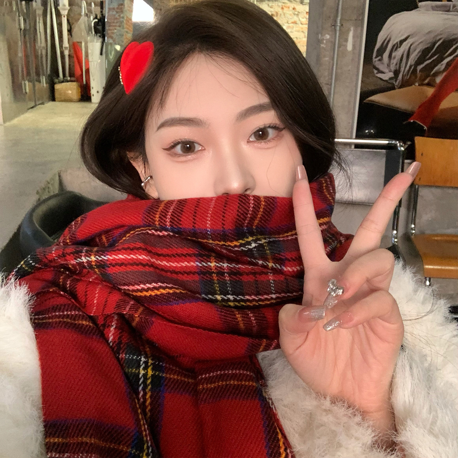 Korean Style Red Plaid Tassel Christmas Scarf Atmosphere Birthday Gift Winter Versatile Student Couple Shawl Trendy
