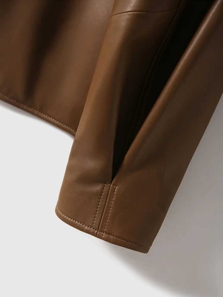 Leather Jacket with Pockets Buttons Front Faux Leather Coat Lapel Collar Long Sleeves Tops AutumnWinter Woman ClothingT251017