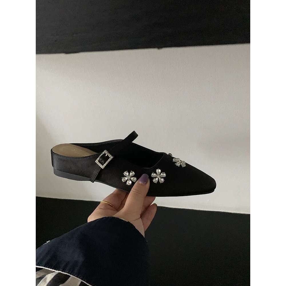 Women's Designer Shoe French Style - Flat Mary Jane Half Sandals Slippers with Rhinestone Bowknot Gentle Evening Single Shoes