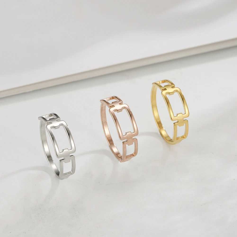 Skyrim Simple Rectangle Chain Womens Ring Kpop Stainless Steel Rose Gold Color Finger Rings Fashion Jewelry Gift WholesaleW251017
