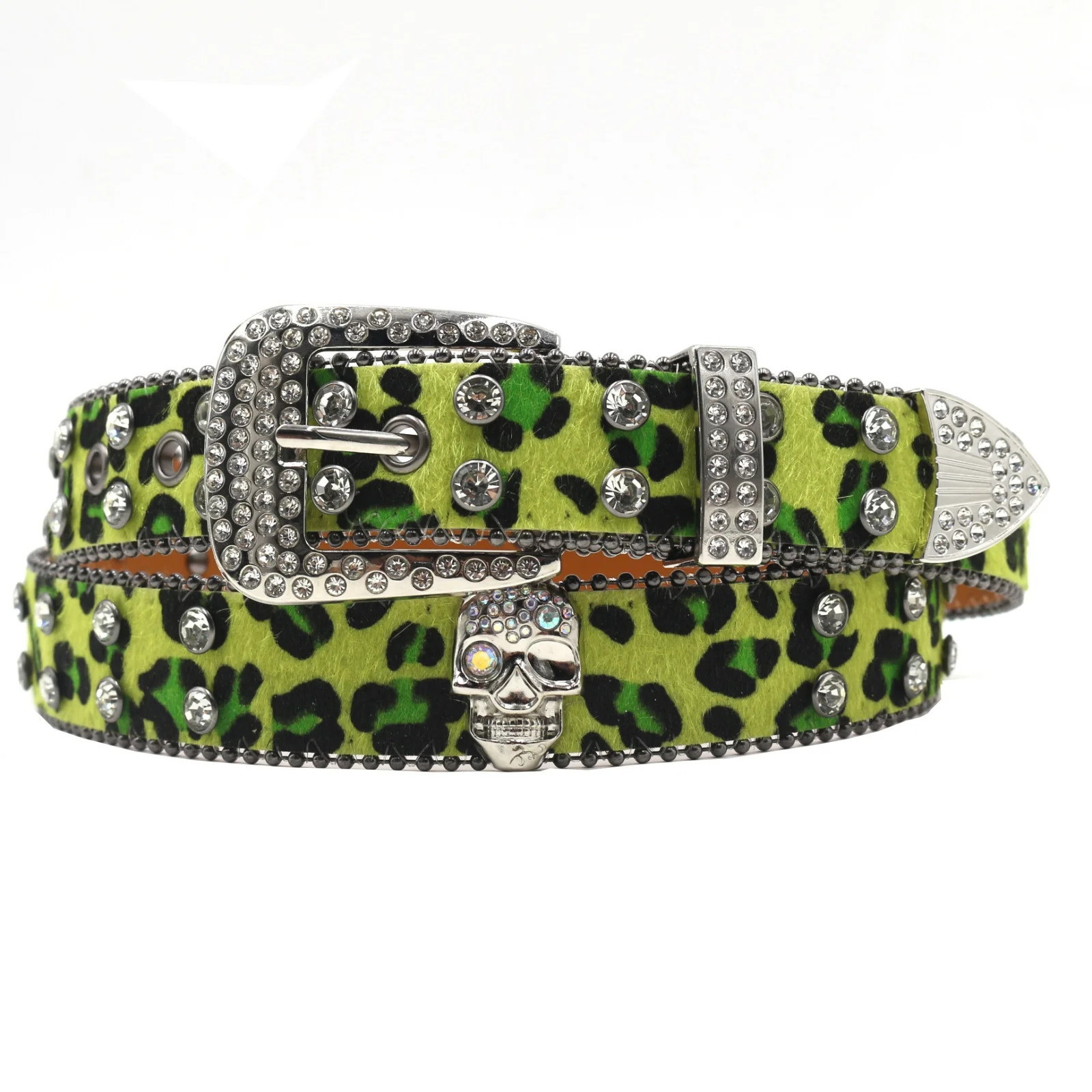 Crystal inlaid skull belt hiphop rock Y2K style mens and womens adjustable leopard print rivet jeans versatile belt 251010