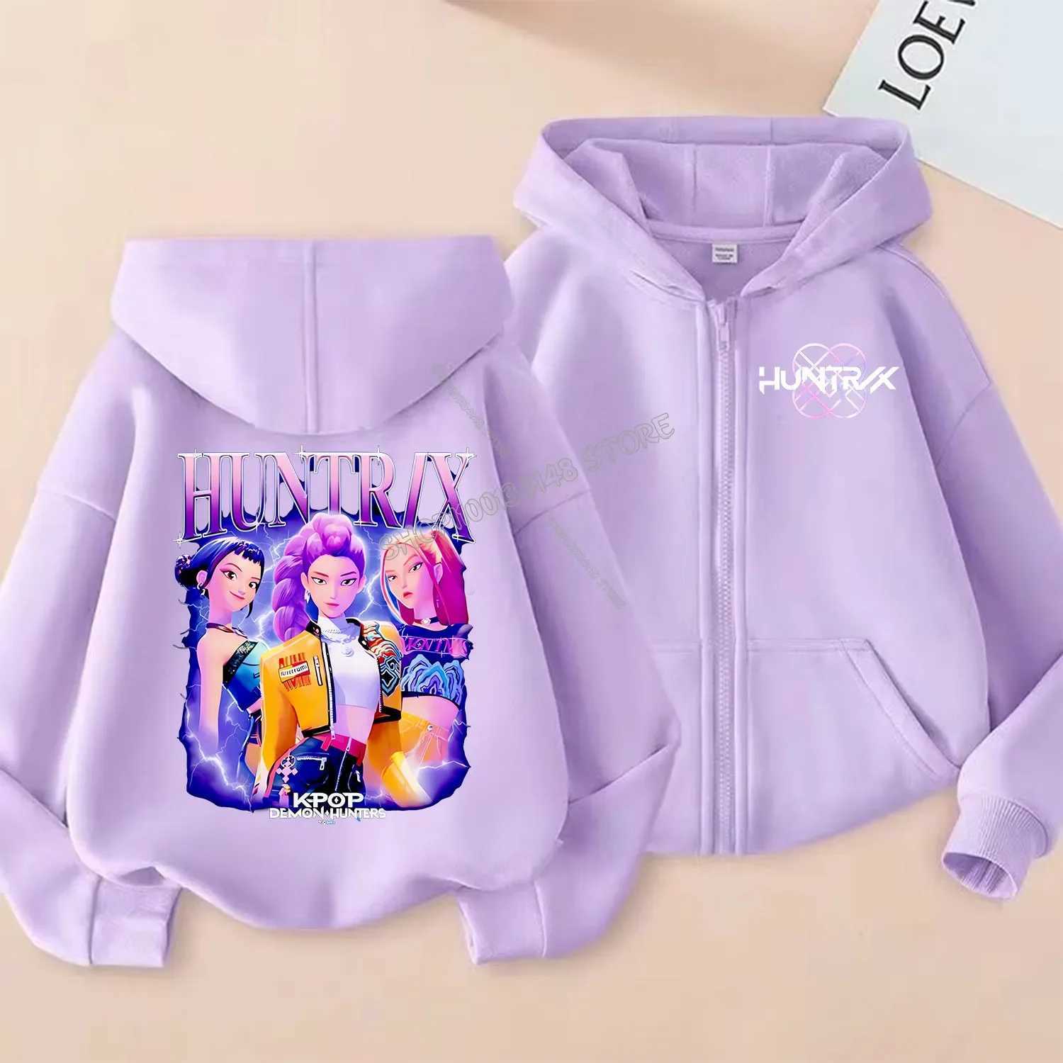 KPop Demon Hunters Zipper Hoodie Girls Coat Fashion Thin Clothes Purple Autumn Hoodie Jacket Kids Anime Sweatshirt Gift C251017