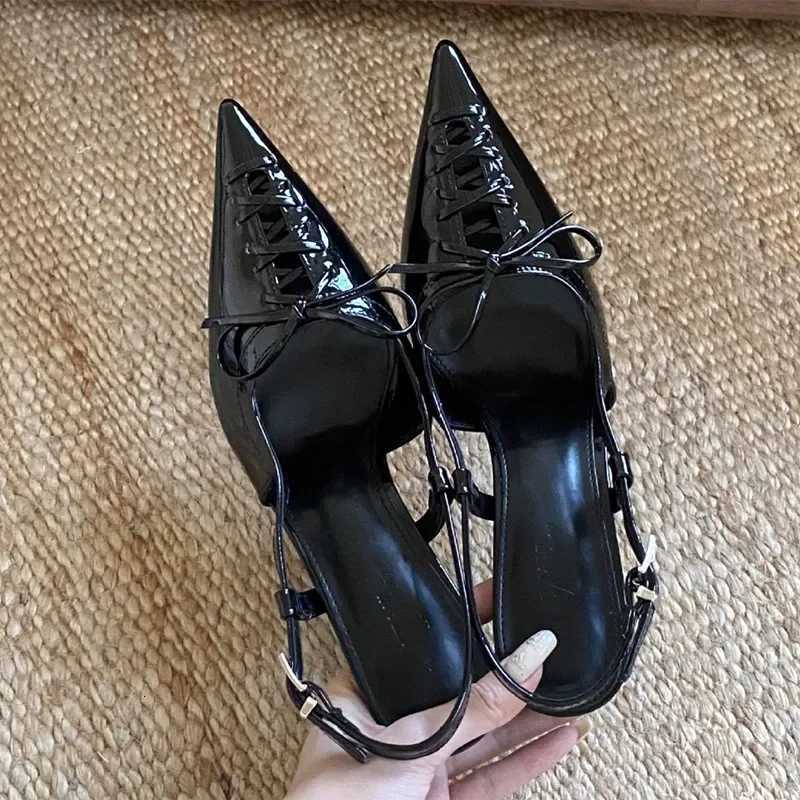 New Pointed Toe Patent Leather Strappy Design Women Pumps Elegant Thin High Heels Summer Fashion Hollow Slingback Heeled Sandals Z251015