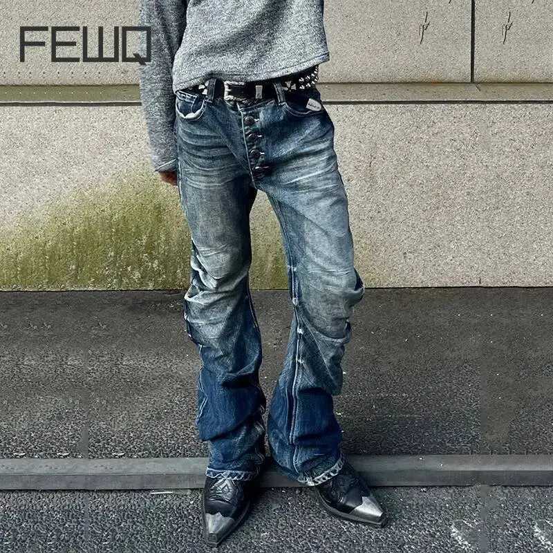 FEWQ 1 Style Mens Denim Pants Washing Button Design Pleated Loose Jeans Contrast Color Casual Male Bottom Vintage 4K5156 Y251105