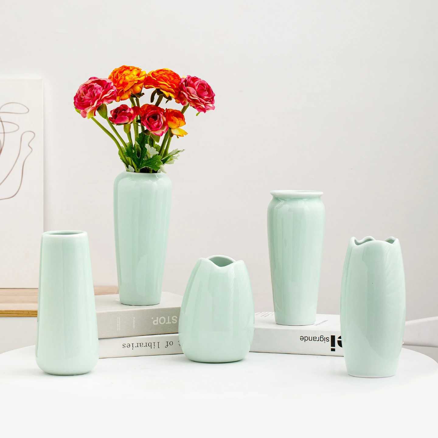 Nordic Style Light Green Ceramic Vase Set Creative Home Decor for Living Room and Table Flower Arrangement Vase for Home C251017