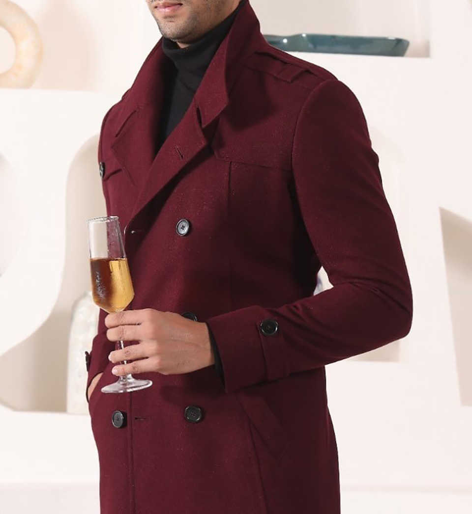 Customized Burgundy Men's Coat Wool Blend Double Breasted Long Coat Regular Fit Winter Groom Formal Business Wear