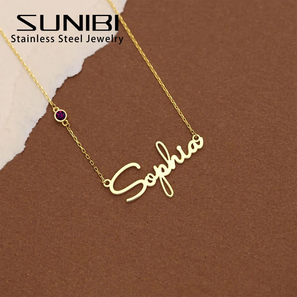 SUNIBI DIY Birthstone Customized Fashion Stainless Steel Name Necklace Personalized Letter Choker Necklace Pendant Nameplate Gi 251017