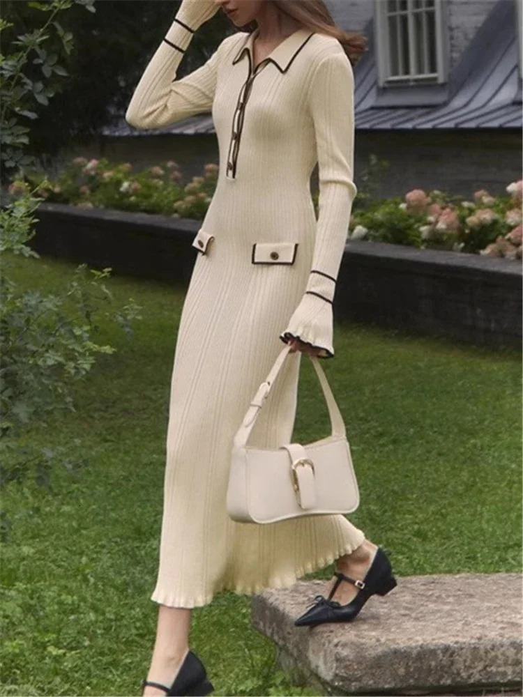 REALEFT Autumn Winter Elegant Knitted Long Ruffles Dressres 2025 High Waist Buttons Turndown Collar Sweater Dresses Female 251017