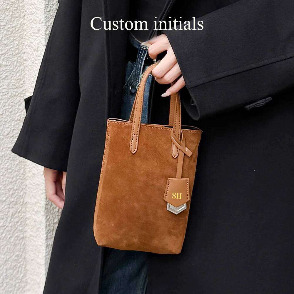 Personalize Name Small Women Phone Shoulder Veet Leather Female Top Handle Tote Purse Fashion Suede Travel Mini Bag