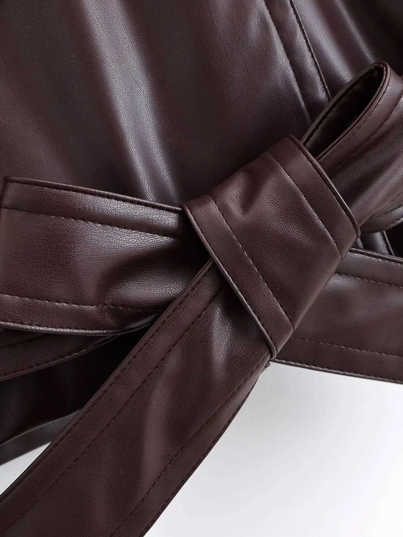 Womens new fashion With Belt lapel short double breasted faux leather Windbreaker coat retro long sleeved womens coat chic topT251017