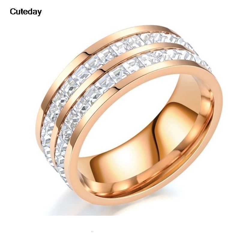 Luxury Rose Gold Double Rowed Square Zircon Stainless Steel Ring Womens Romantic Engagement Wedding Party Jewelry Women GiftW251017