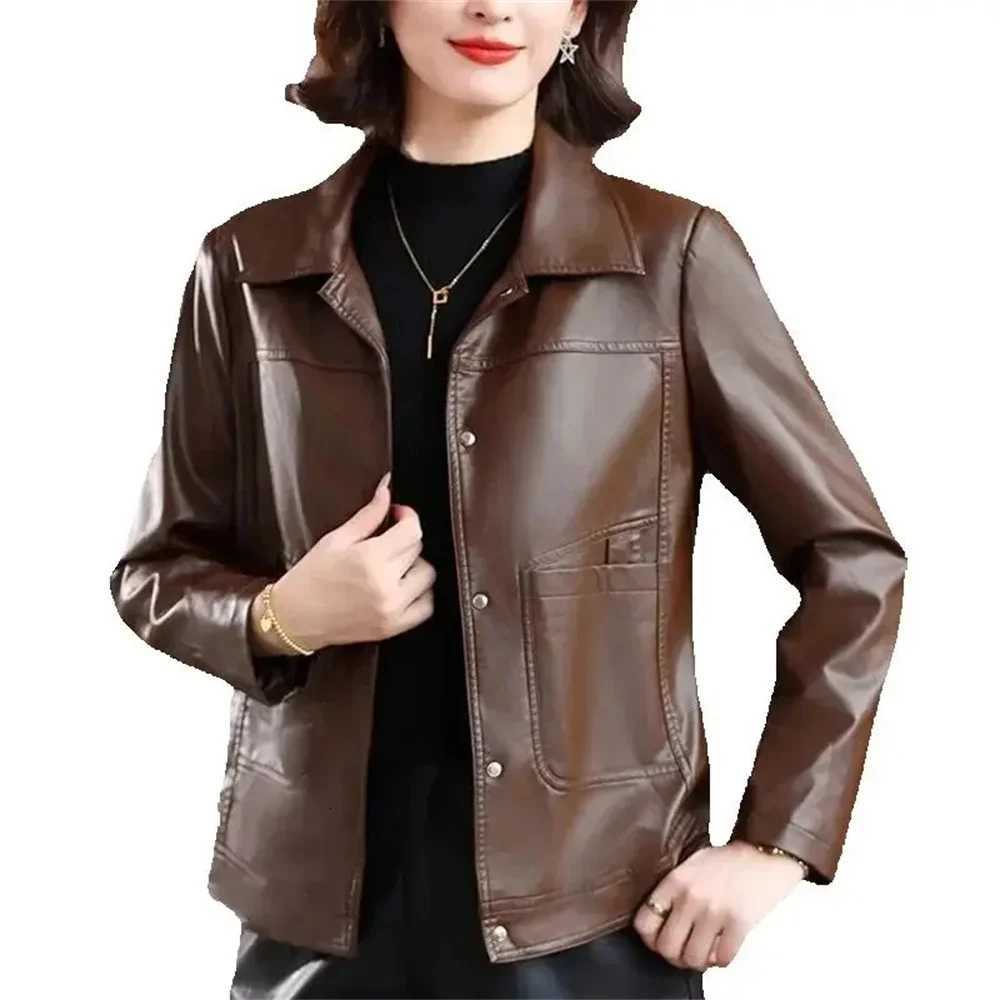 Brown PU leather Jackets Womens HighEnd New Spring Autumn Casual Short Jacket Leather MidAged Mother Coat Brown Leather CoatT251017