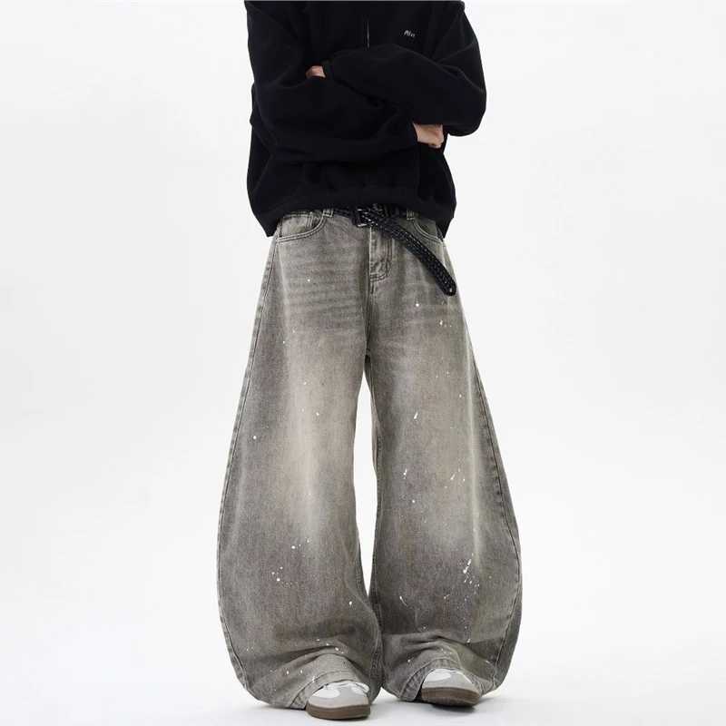 Korean Retro Vintage Gray Splashed Ink Design Jeans MenS Street Baggy Pants Casual HipHop Pants Y2k Jeans Y251105