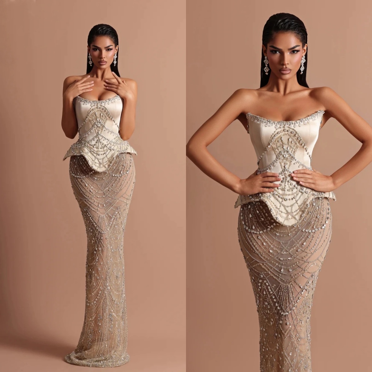 Shiny Champagne Prom Dresses Strapless Sheath Dress For Bride Party 2025 Birthday Gowns Night Wear Customized Dubai