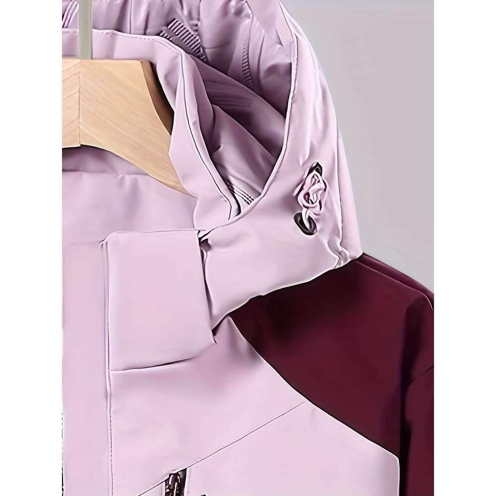 Windproof Jacket Windproof & Warm Women's Lightweight Winter Hooded Jacket | Color-Block Design With Zipper Front, Long Sleeves, And Adjustable H