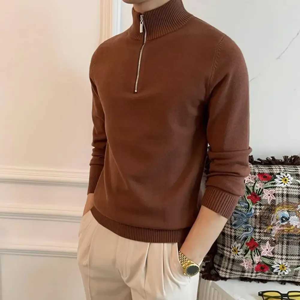 Ribbed Collar Sweater Mens Fall Winter Zippered Halfhigh Collar Sweater Retro Knitted Thick Warm Pullover for Daily Wear Long Z251017