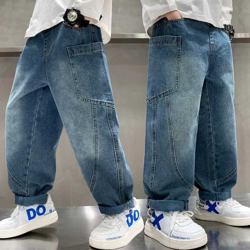 Boys Patchwork Baggy Jeans With Side Pocket Age 514 Year Child Fashion Relaxed Fit Denim Cargo Pants Kids Brief Style TrousersT251017