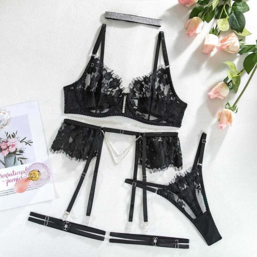 Krasapt Womens Black Floral Lace with Rhinestone Decoration New In Matching Lingerie Sets Porn Bra Panty Garter See ThroughL251017
