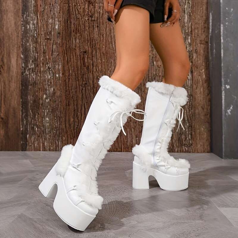 Women's Warm Stylish Snow Knee Boots Faux Fur Fuzzy Round Toe Chunky Block High Heel Lace Up Thick Bottom Platform Wedges Fashionable Comfortable