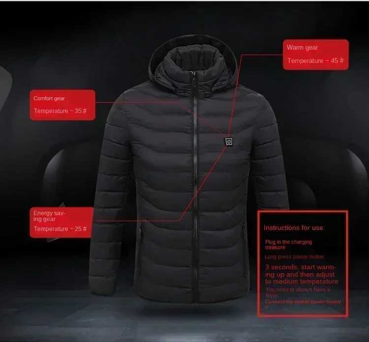 2024 New Mens Winter Multi Zone Heating Jacket USB Intelligent Heating Waterproof Hooded Top Cold Resistant Warm Cotton Coat H251017