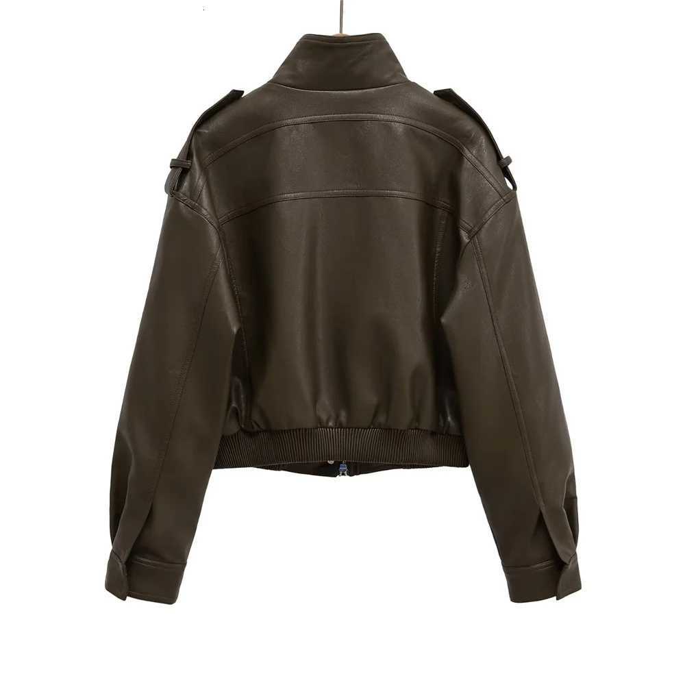 New Womens Fashion Versatile Bright Face Imitation Leather Stand up Collar Long Sleeve Short CoatT251017