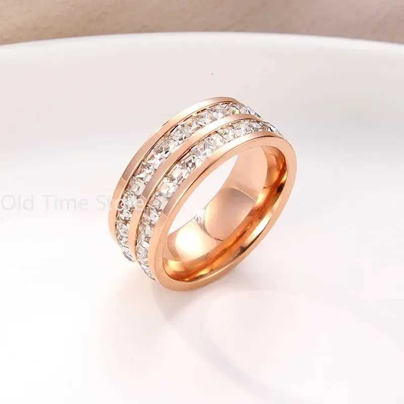 Hot Sale Double Crystal Woman Fashion Ring Rose Gold Color Filled Titanium Steel Rings for Women Female Fine JewelryW251017