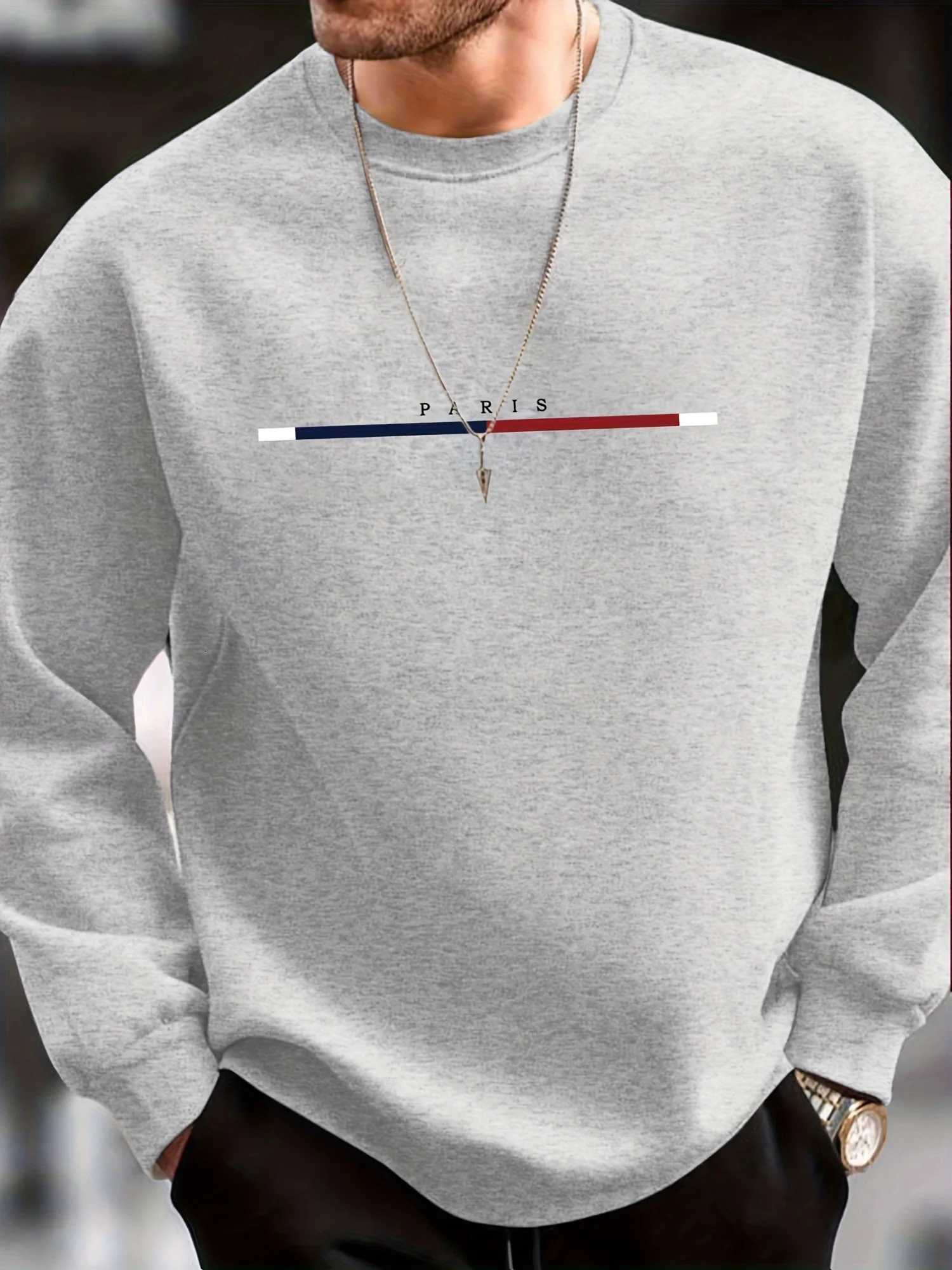 Mens autumn and winter casual sports loose oversized Paris print with fleece warm pullover round neck long sleeved sweatshirt Z251017