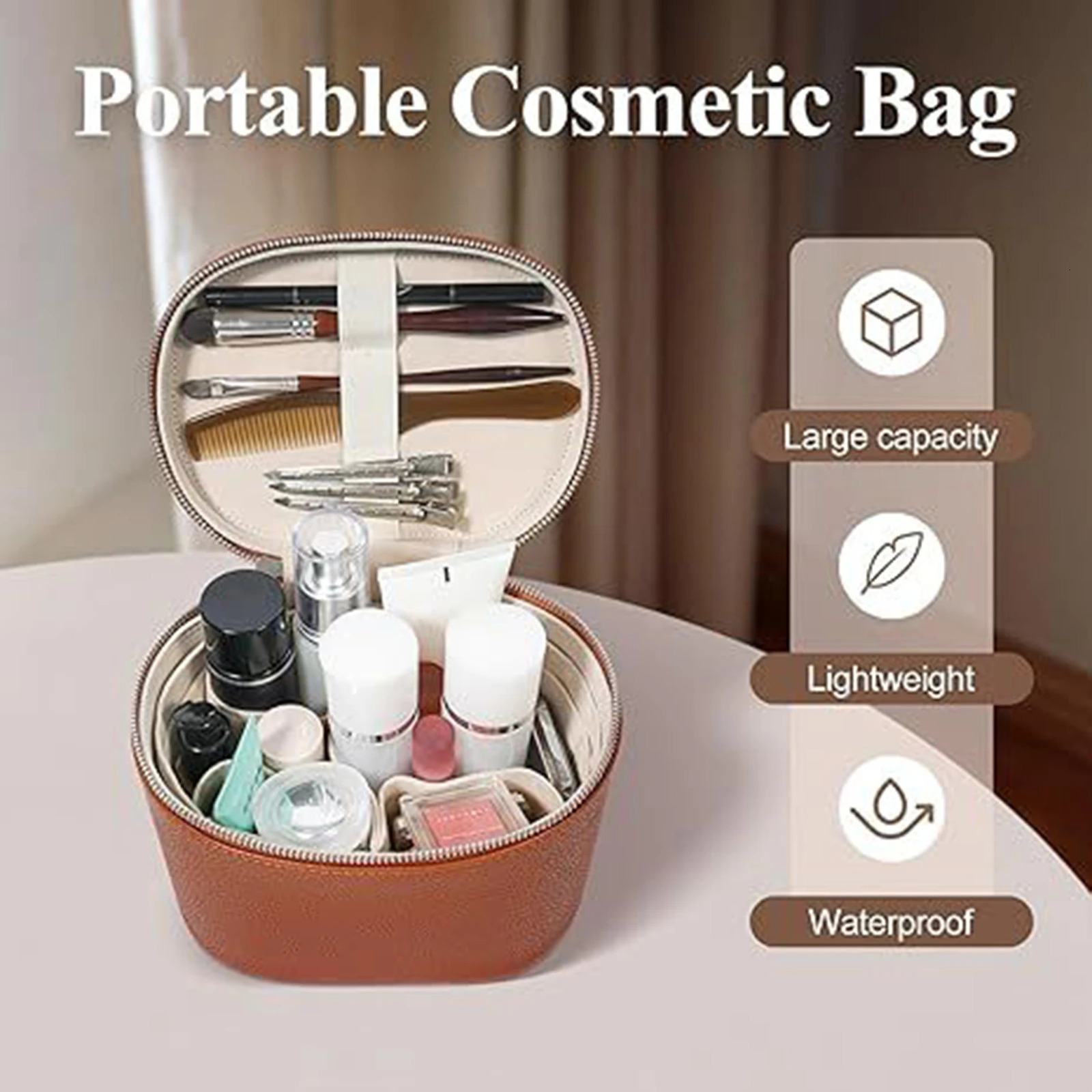 PU Leather Large Capacity Detachable Makeup Bag Travel Cosmetic Organizer Handbag For Women 251013